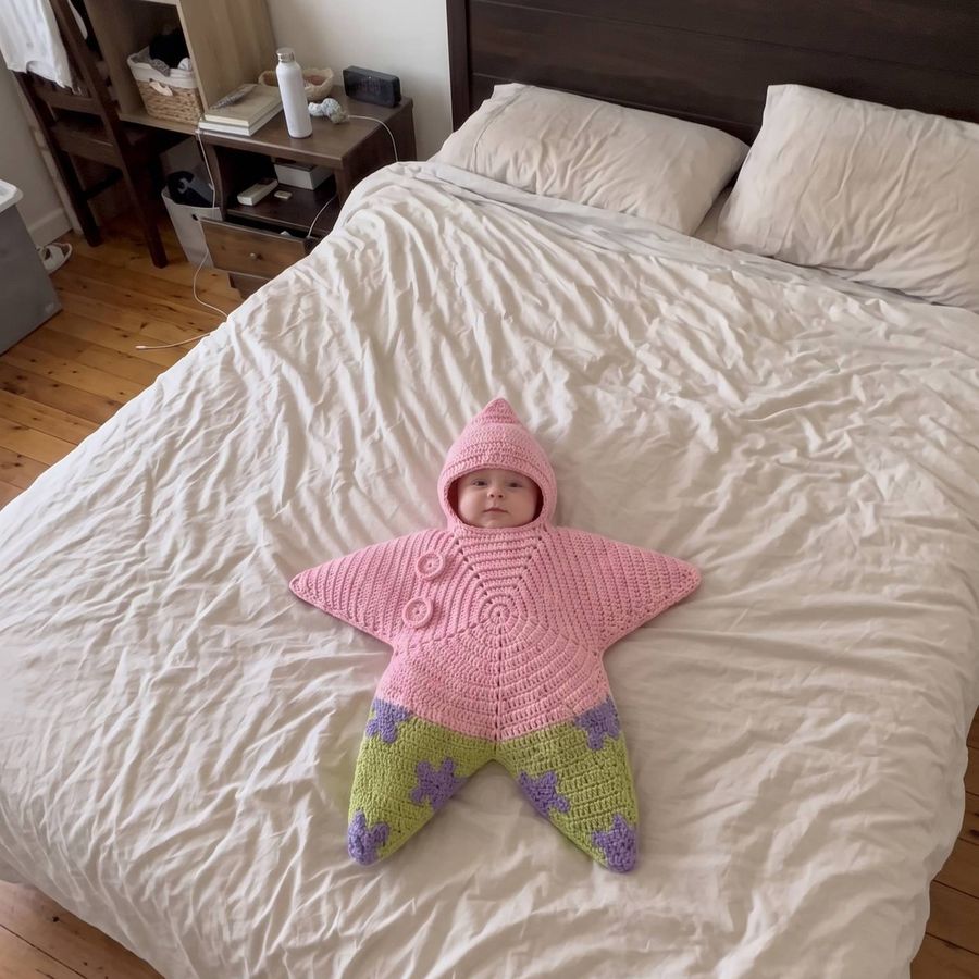 Baby wearing the pink crochet star suit
