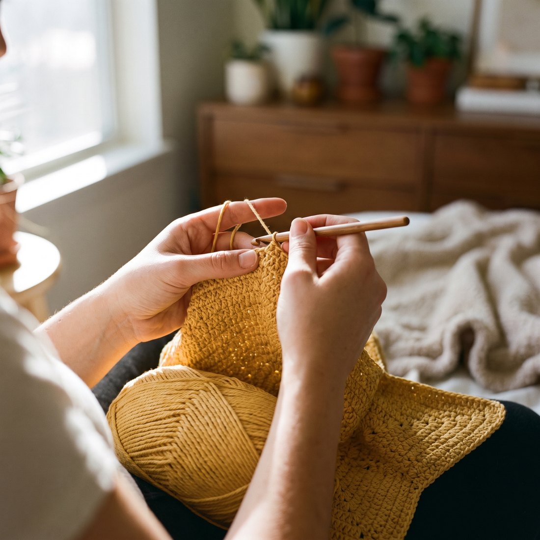 Hands crocheting cotton yarn